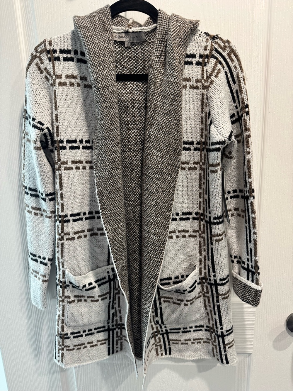 NWT- Absolutely Famous- Plaid Hooded Long Cardigan Sweater - Size Small